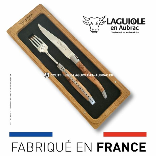 set 1 couteau + 1 fourchette laguiole en genévrier