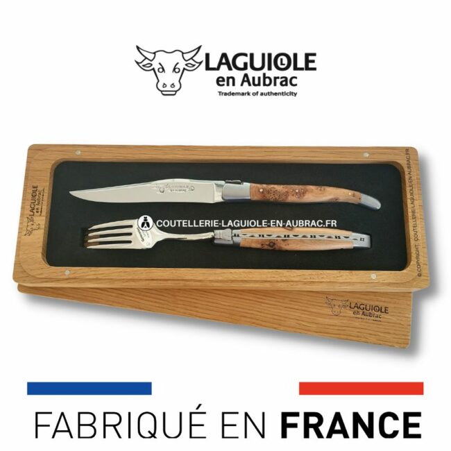 set 1 couteau + 1 fourchette laguiole en genévrier