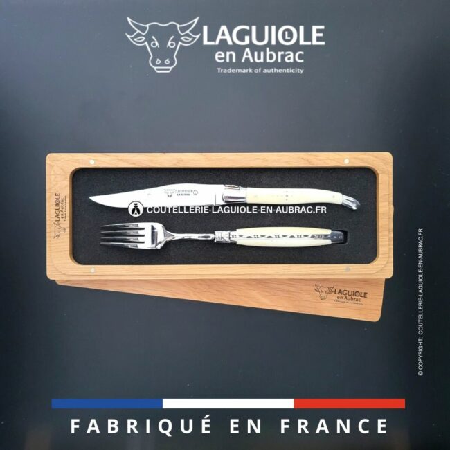 set 1 couteau + 1 fourchette laguiole en os de boeuf