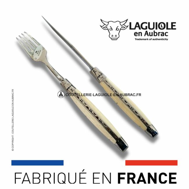 set 1 couteau + 1 fourchette laguiole en os de boeuf