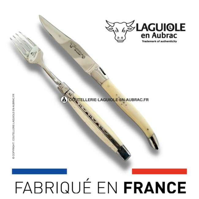 set 1 couteau + 1 fourchette laguiole en os de boeuf