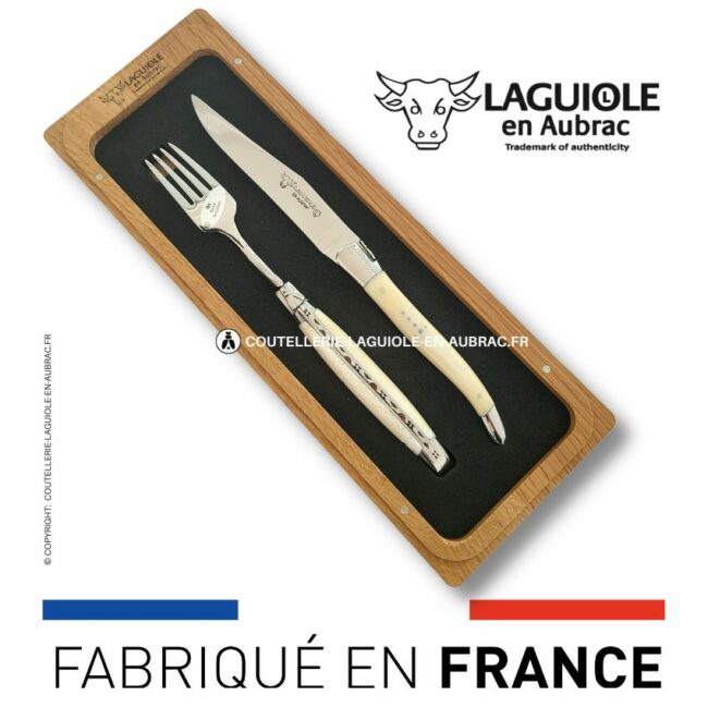 set 1 couteau + 1 fourchette laguiole en os de boeuf