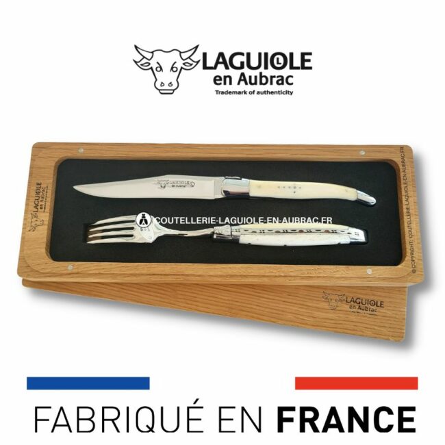 set 1 couteau + 1 fourchette laguiole en os de boeuf