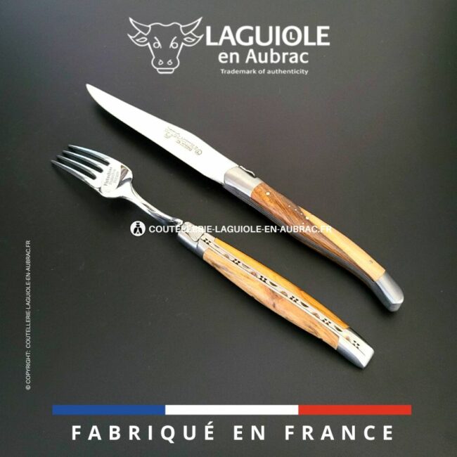 set 1 couteau + 1 fourchette laguiole en pistachier