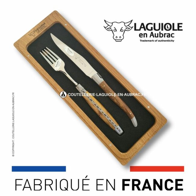 set 1 couteau + 1 fourchette laguiole en pistachier