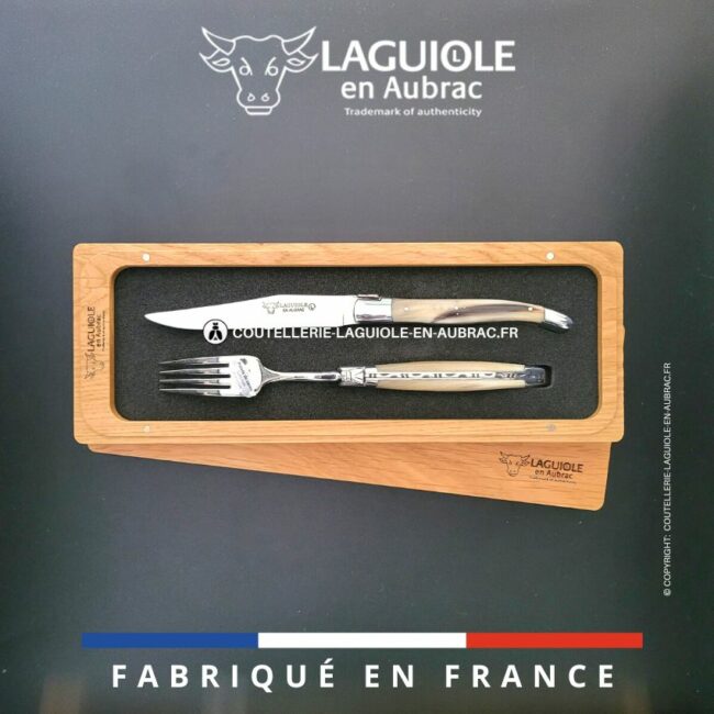 set 1 couteau + 1 fourchette laguiole en pointe de corne