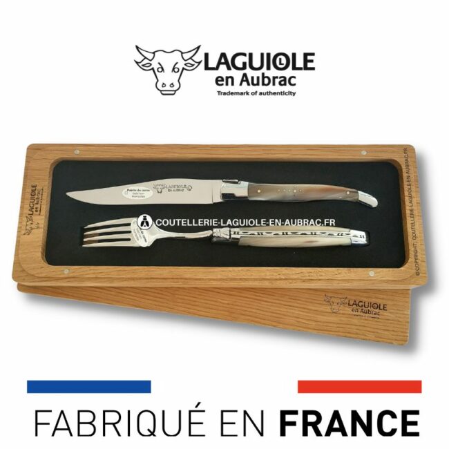 set 1 couteau + 1 fourchette laguiole en pointe de corne