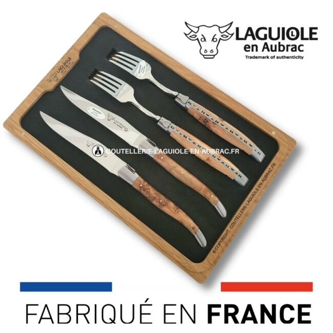 coffret 2 couteaux + 2 fourchettes laguiole genévrier