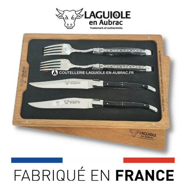 coffret 2 couteaux + 2 fourchettes laguiole corne de buffle