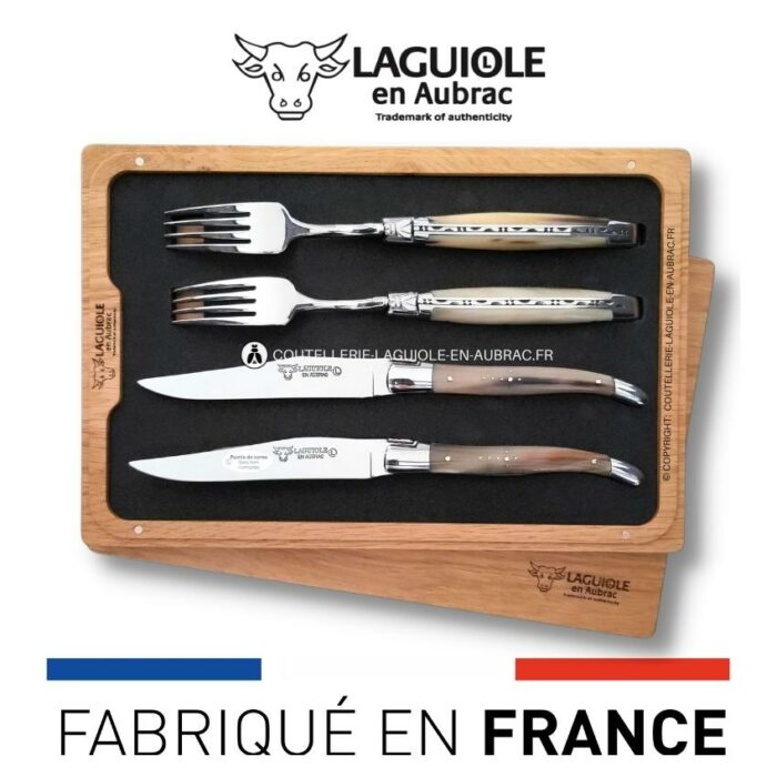 coffret 2 couteaux + 2 fourchettes laguiole pointe de corne