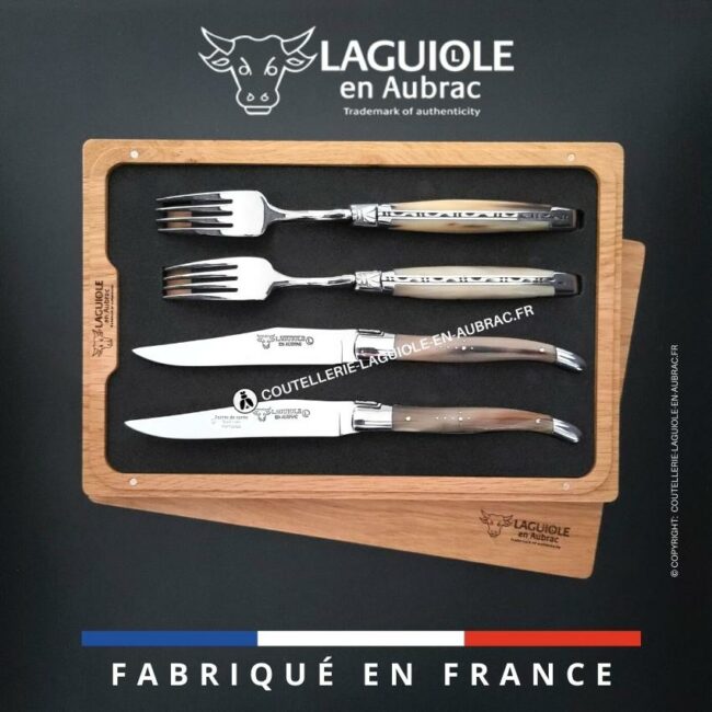 coffret 2 couteaux + 2 fourchettes laguiole pointe de corne