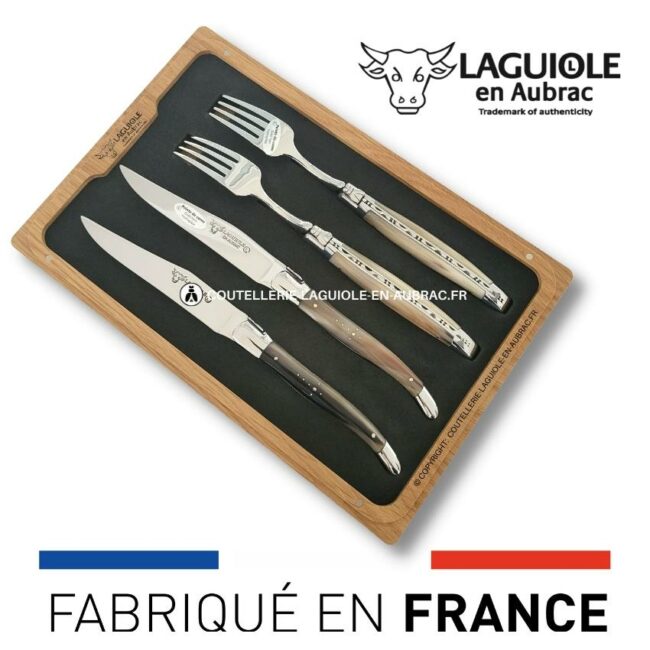 coffret 2 couteaux + 2 fourchettes laguiole pointe de corne