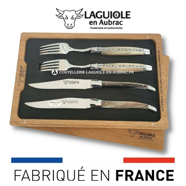coffret 2 couteaux + 2 fourchettes laguiole pointe de corne