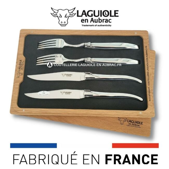 coffret 2 couteaux + 2 fourchettes laguiole tout inox brillant