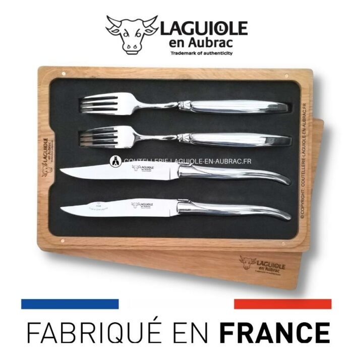 coffret 2 couteaux + 2 fourchettes laguiole tout inox brillant