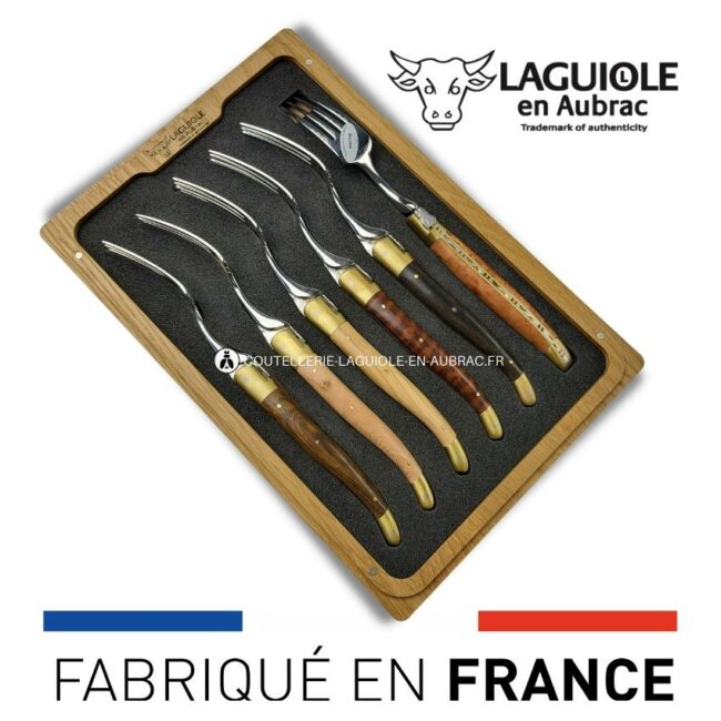fourchettes de table laguiole en 6 bois mixtes mitres laiton