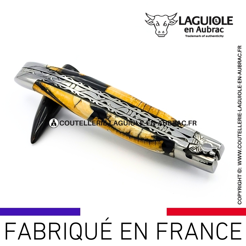couteau laguiole doubles platines – nougatine ivoire de mammouth – ressort & platines guillochées – inox brillant