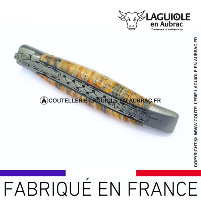 couteau pliant laguiole double platines ciselées manche molaire de mammouth