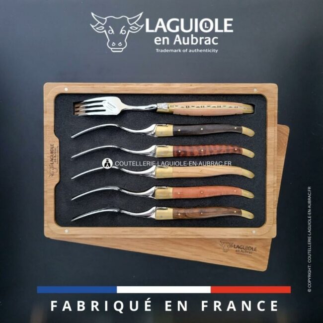 fourchettes de table laguiole en 6 bois mixtes mitres laiton