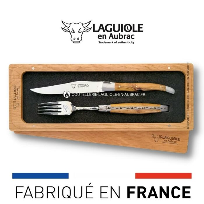 set 1 couteau + 1 fourchette laguiole en pistachier