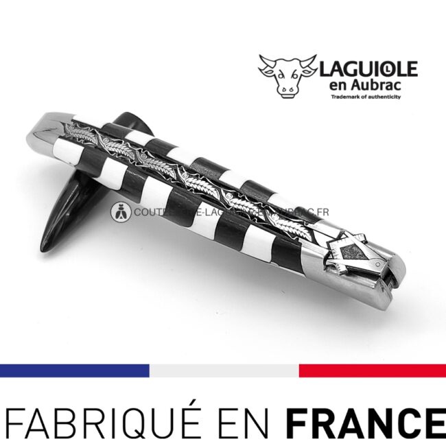 couteau laguiole mouche prestige franc maçon marqueterie damier Ébène et ivoire