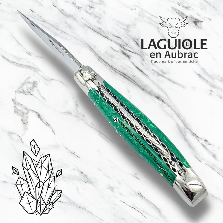 couteau pliant laguiole double platines ciselées manche en pierre de malachite