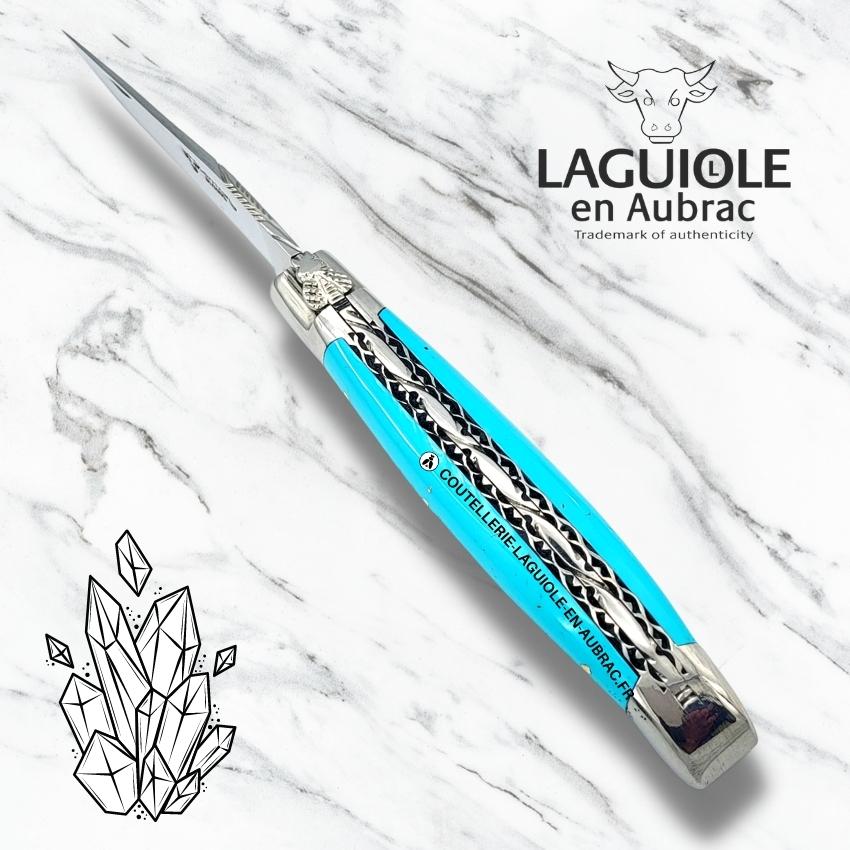 couteau pliant laguiole double platines ciselées manche en pierre de turquoise