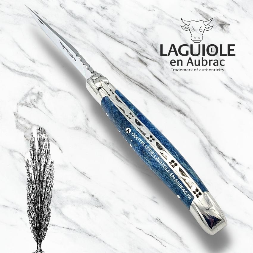 couteau laguiole manche loupe de peuplier bleue