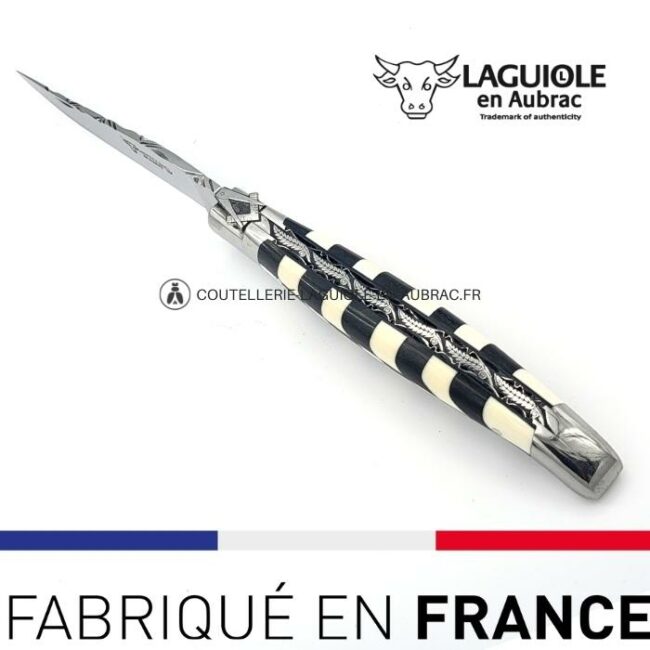 couteau laguiole mouche prestige franc maçon marqueterie damier Ébène et ivoire