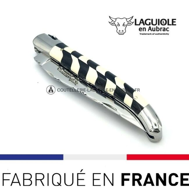 couteau laguiole mouche prestige franc maçon marqueterie damier Ébène et ivoire