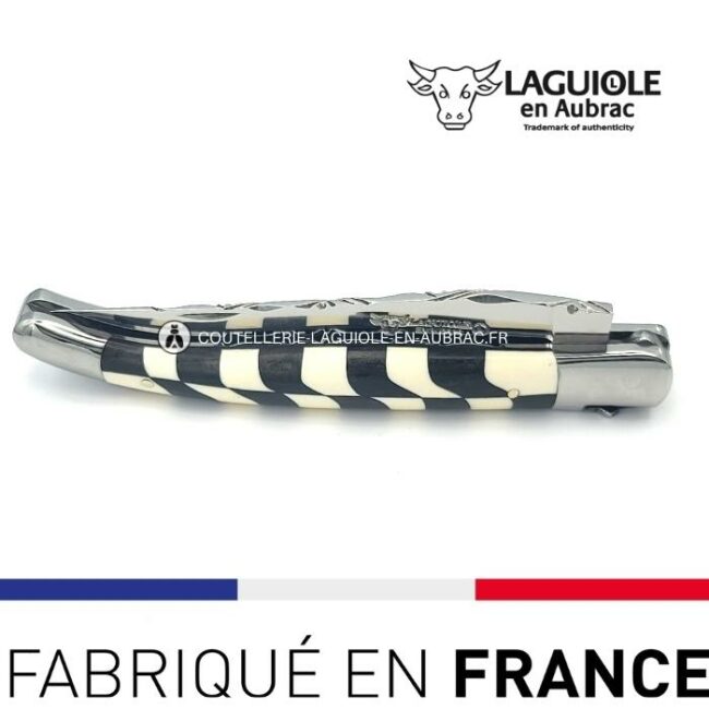 couteau laguiole mouche prestige franc maçon marqueterie damier Ébène et ivoire