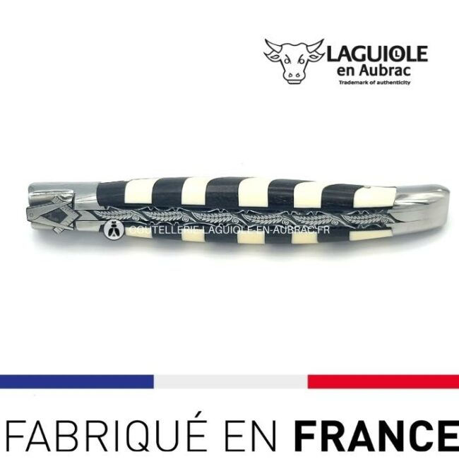 couteau laguiole mouche prestige franc maçon marqueterie damier Ébène et ivoire