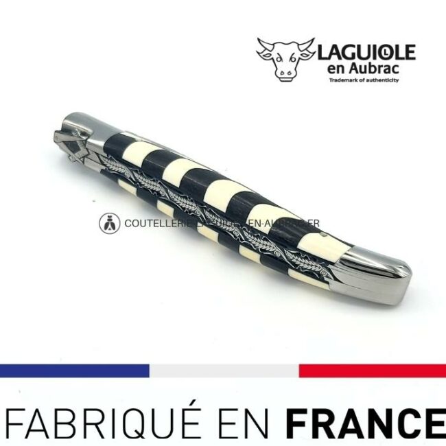 couteau laguiole mouche prestige franc maçon marqueterie damier Ébène et ivoire