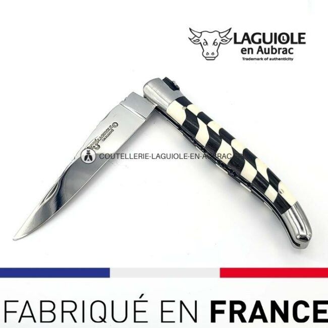 couteau laguiole mouche prestige franc maçon marqueterie damier Ébène et ivoire