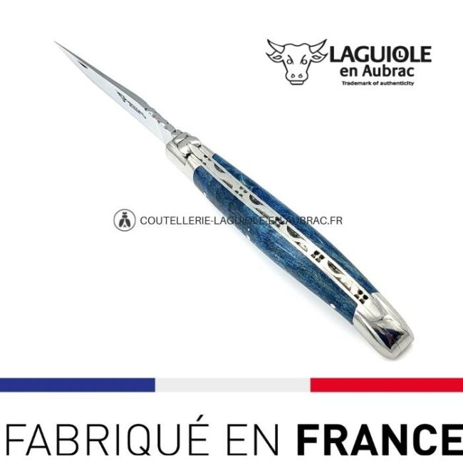 couteau laguiole manche loupe de peuplier bleue