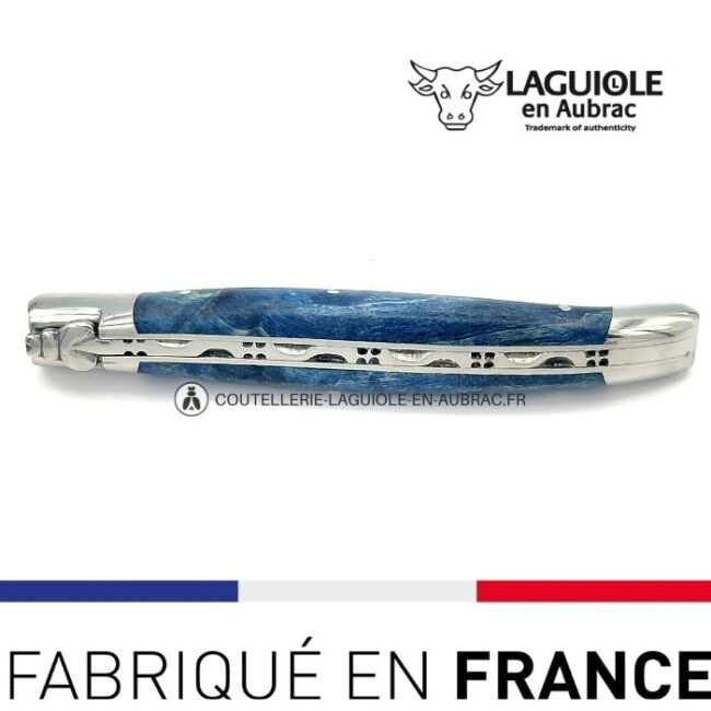 couteau laguiole manche loupe de peuplier bleue