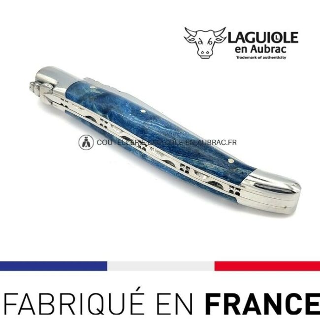 couteau laguiole manche loupe de peuplier bleue