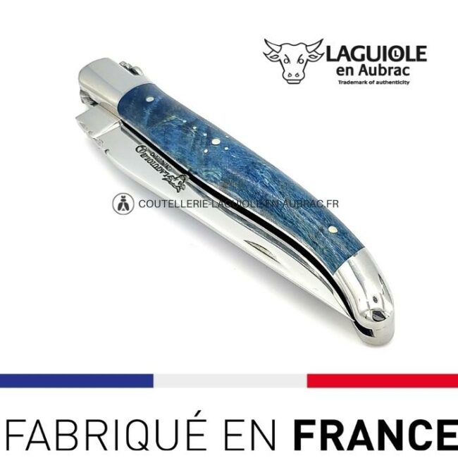 couteau laguiole manche loupe de peuplier bleue