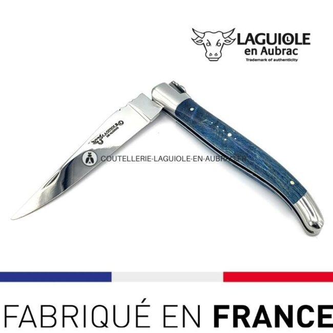 couteau laguiole manche loupe de peuplier bleue