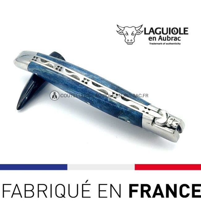 couteau laguiole manche loupe de peuplier bleue
