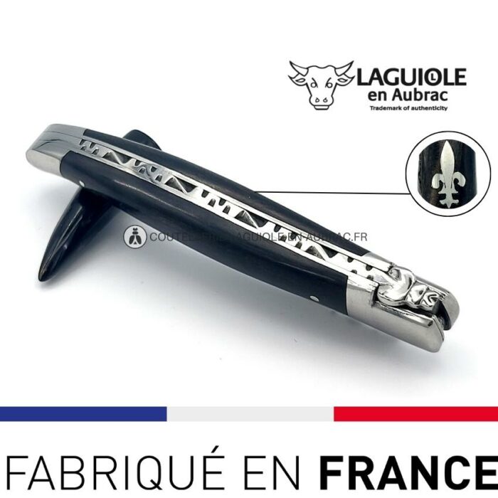 couteau laguiole marqueterie fleur de lys en Étain manche en Ébène