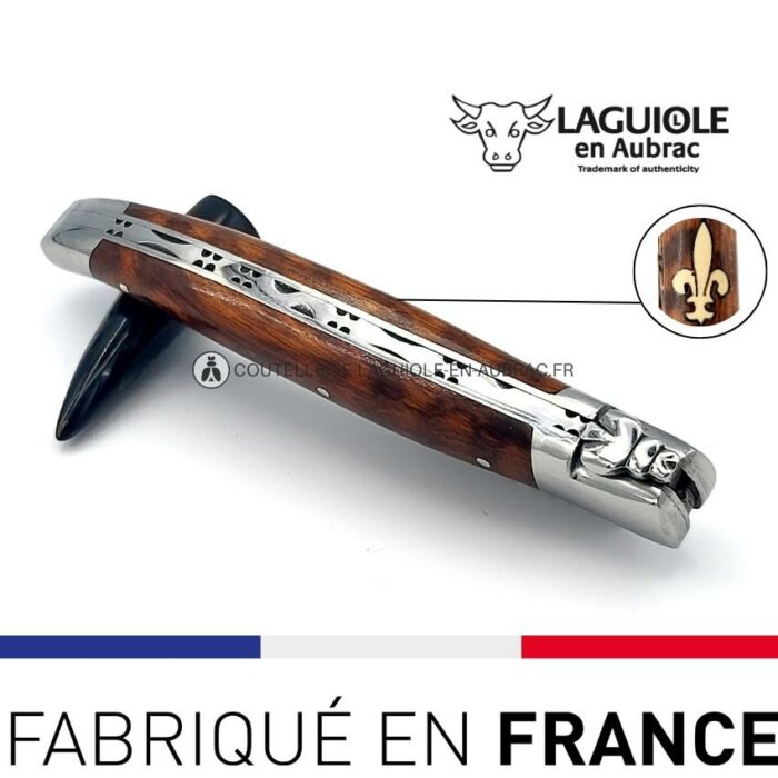 couteau laguiole marqueterie fleur de lys en ivoire manche en amourette