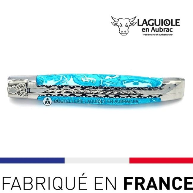 couteau pliant laguiole double platines ciselées manche en pierre de larimar