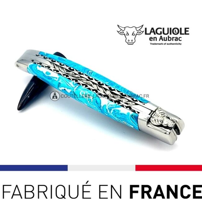 couteau pliant laguiole double platines ciselées manche en pierre de larimar
