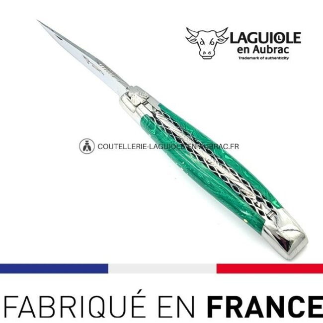 couteau pliant laguiole double platines ciselées manche en pierre de malachite