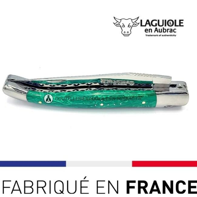 couteau pliant laguiole double platines ciselées manche en pierre de malachite