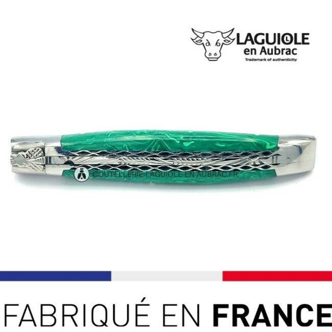couteau pliant laguiole double platines ciselées manche en pierre de malachite
