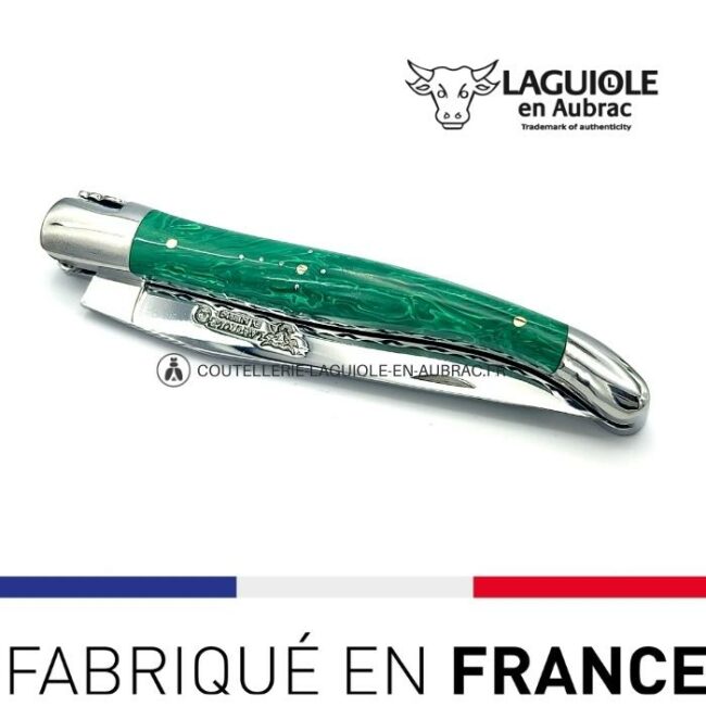 couteau pliant laguiole double platines ciselées manche en pierre de malachite