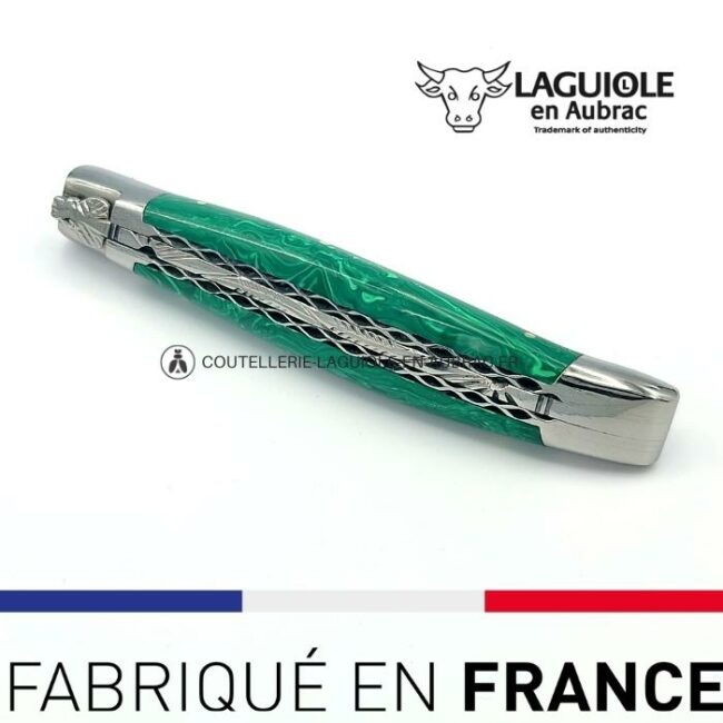 couteau pliant laguiole double platines ciselées manche en pierre de malachite