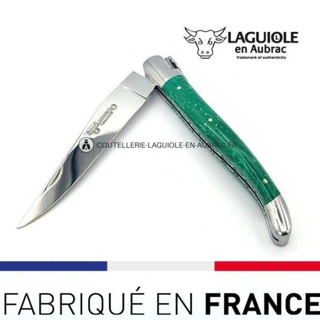couteau pliant laguiole double platines ciselées manche en pierre de malachite